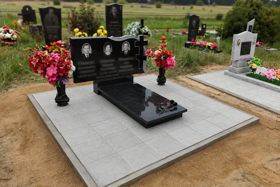 Двойной памятник на семейном участке на три захоронения с цельной надгробной плитой